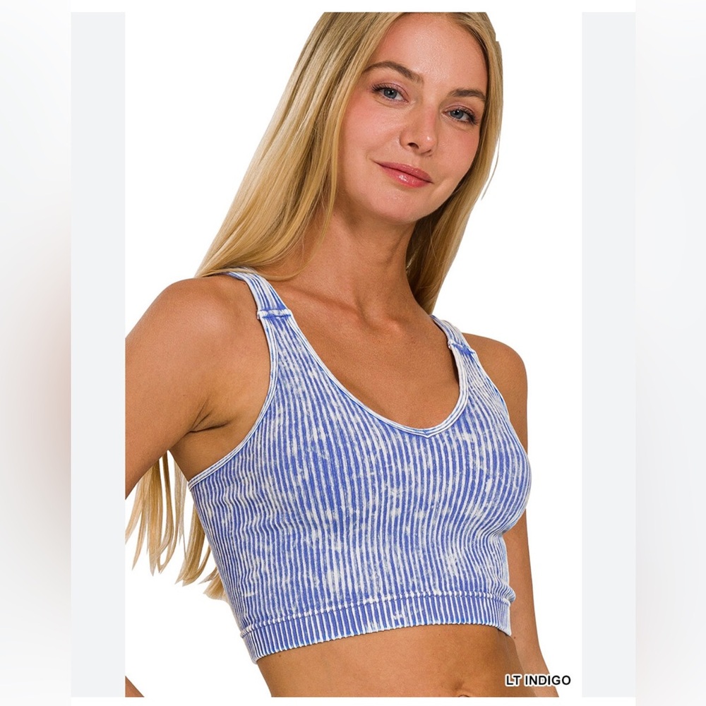 ZENANA• Ribbed Mineral Wash V Neck Bralette•Light Indigo•STYLE 6293A